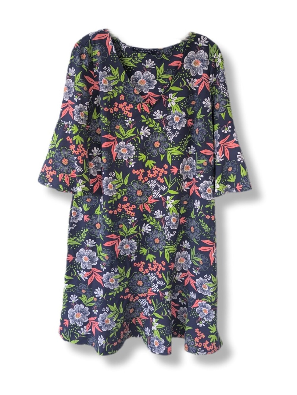 Katherine Way Women's XL Navy Blue Floral 3/4 Bell Sleeve Casual Stretch Dress